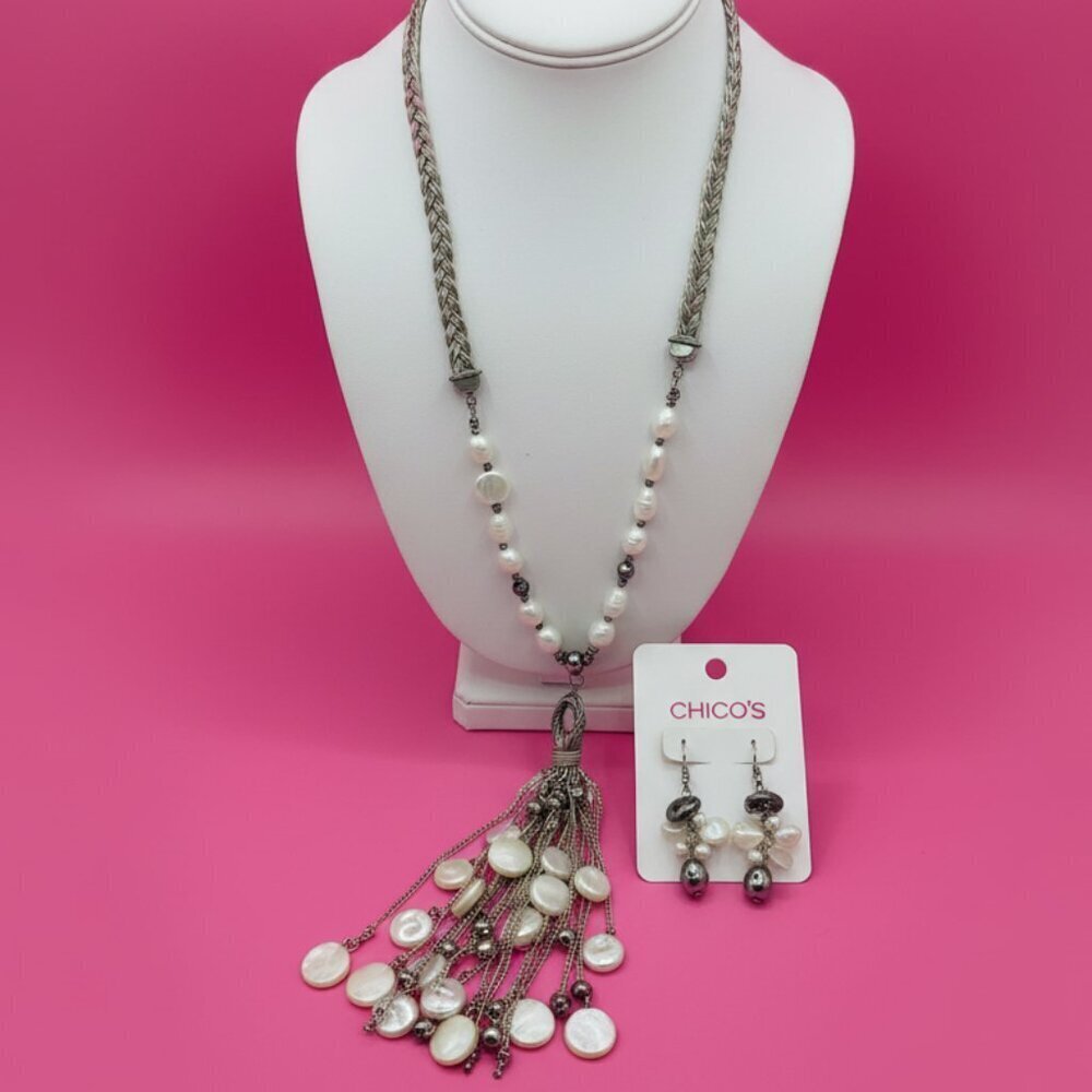 Chicos Pearl Necklace and Earrings Silvertone Braided Beige Cream Bohemian set